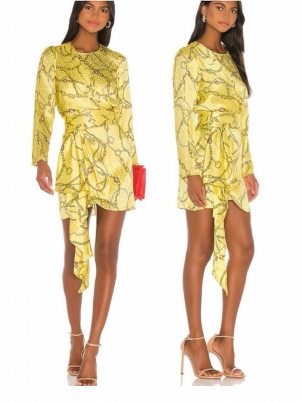 Kobo Santana Silk Floral Print Drapes Faux Wrap Long Sleeve Mini Dress Medium